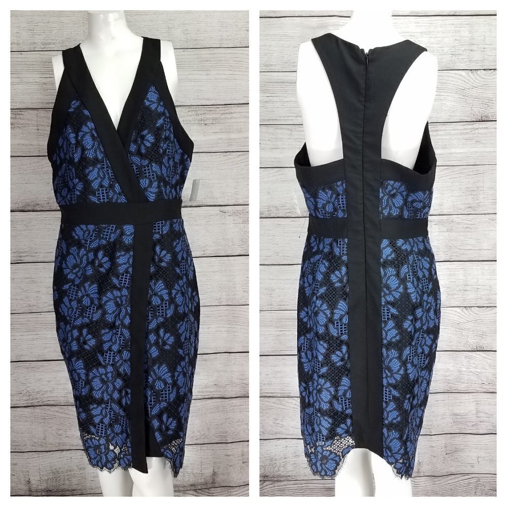NEW Harlyn L Two Tone Lace Cocktail Sheath Dress Surplice Neck - Picture 2 of 14